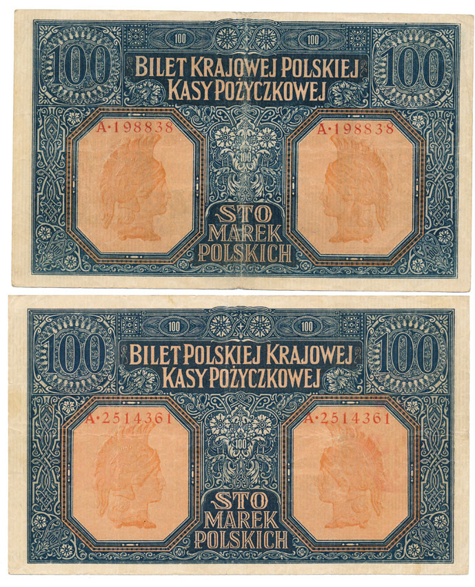 100 marek polskich 1916 jenerał/Generał seria A, zestaw 2 banknotów